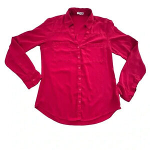 Express Women's Shirt Portofino Button Up Red V-Neck Long Sleeve Blouse Small